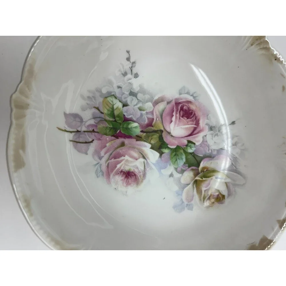 Antique Germany Porcelain Serving Bowl Pink Roses Floral Gold Trim 10